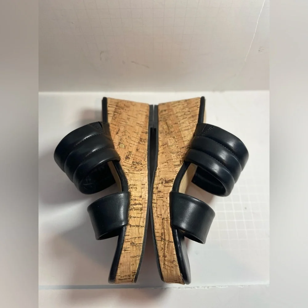 Anne Klein~Neutral~Black~Faux Leather~Open Toe~Slip-On Cork Wedge Sandal~Size 9